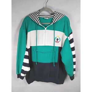 Vintage 80s 90s Just For Women Color Block Hoodie Size 1X 1/4 Zip Blue Gren